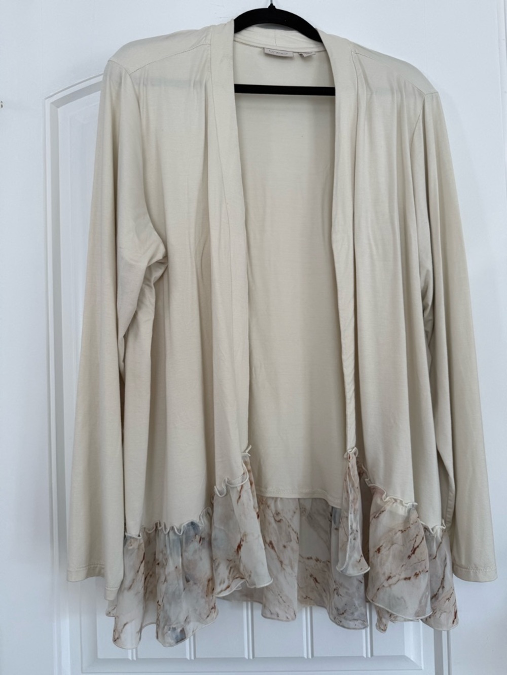 LOGO by Lori Goldstein Cream Open Front Draped Scarf Hem Cardigan